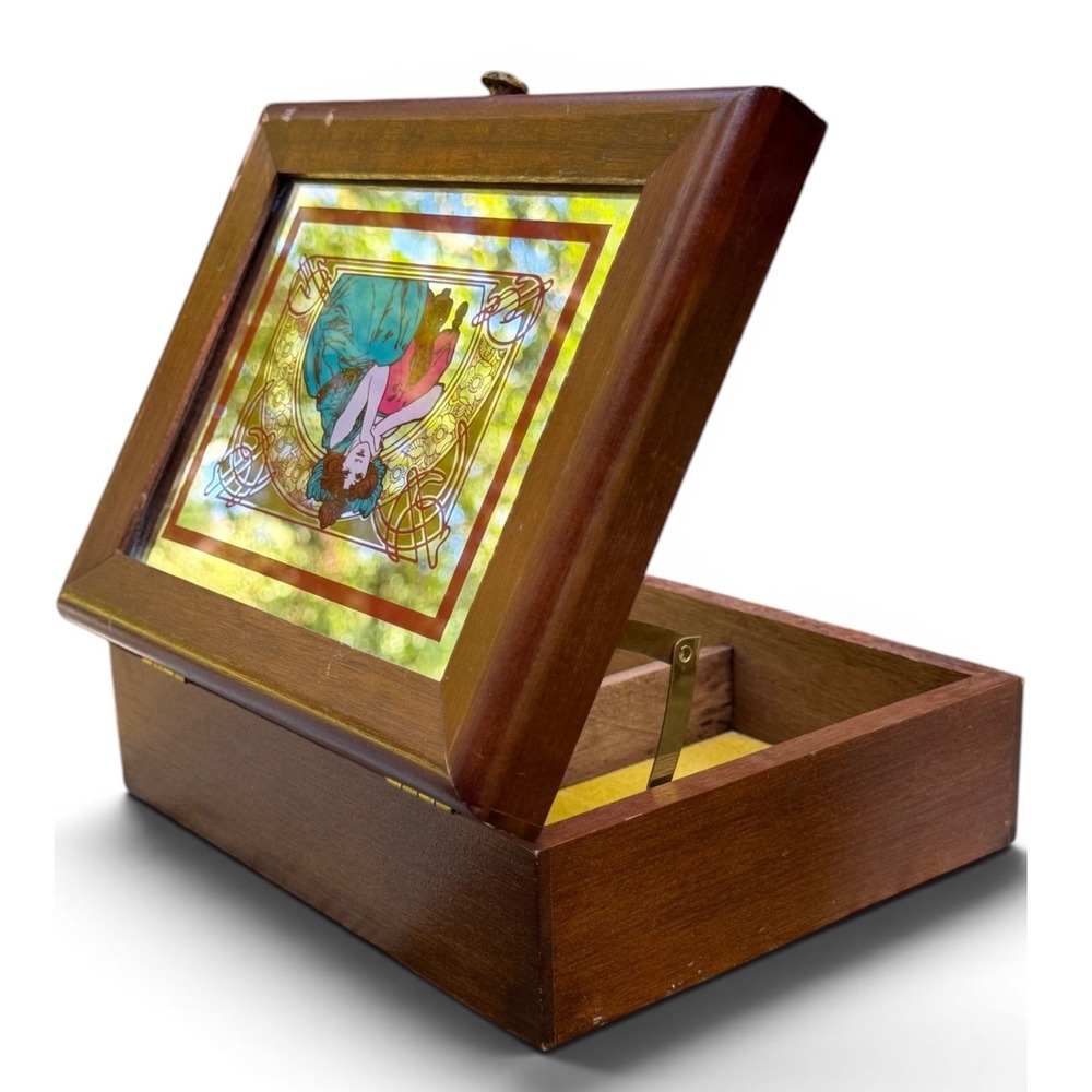 Vintage 70s Wood Playing Card Box Art Nouveau Mucha Lady Mirror Lid Double Deck
